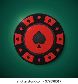 Realistic icon of casino chip spade. Isolated on green background. Vector illustration, eps 10.