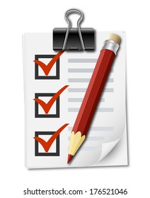 Realistic icon of checklist with binder clip and pencil