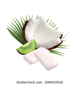 Realistic icon with coconut and kiwi bubble gum pads on white background vector illustration