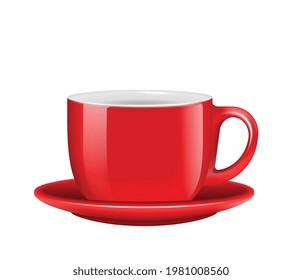 Realistic icon with empty red tea or coffee cup on saucer vector illustration