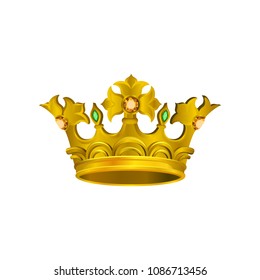 Realistic icon of medieval golden crown with orange and green gemstones. Vector element for logo of jewelry stor