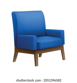 Realistic icon of modern blue armchair with wooden legs vector illustration