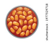 Realistic icon of opened can tin with baked beans in tomato sauce top view vector illustration