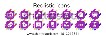 realistic icon set. 14 filled realistic icons.  Simple modern icons such as: 3d, Cookie, Cookies, Polaroid, Biscuit, Caterpillar, Diaper