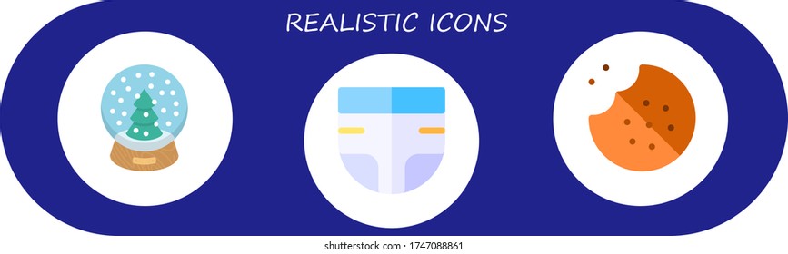 conjunto de iconos realista. 3 iconos planos y realistas.  Iconos modernos sencillos como: globo de nieve, pañal, galleta