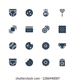 realistic icon set. Collection of 16 filled realistic icons included Cookies, Cookie, Diaper, Biscuit, Tennis ball, Biscuits, Hidrive, Popsicle stick, Real madrid