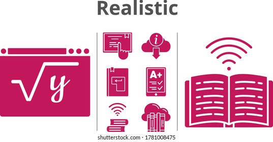 realistischer Symbolsatz. enthält Cloud, Reader, Mathematik, Buch, Touchscreen, Informationen, geben Sie Symbole. gefüllte Stile.
