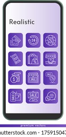 realistic icon set. included shopping bag, handshake, sale, 24-hours, shop, money, chat, credit card, placeholder, internet, trolley icons on phone design background . linear styles.
