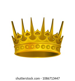 Realistic icon of shiny golden crown. Headdress of royal person. Vector element for luxury label or logo