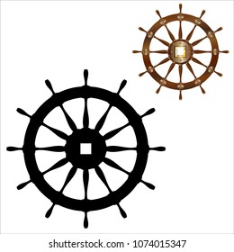 Realistic icon of ship's wheel and black silhouette isolated on white background