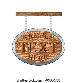 Realistic icon of sign in the shape of oval shield hanging on chains on an old beam isolated on white background