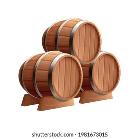 Realistic icon with three barrels made of wood on white background vector illustration