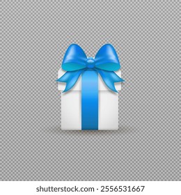 Realistic icon vector illustration. Vnit gift box chain with blue silky Bosch ribbon. Present box isolated on png background.