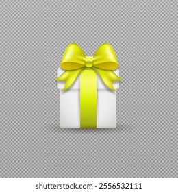 
Realistic icon vector illustration. Vnit gift box chain with yellow silky Bosch ribbon. Present box isolated on png background.
