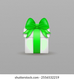 Realistic icon vector illustration. Vnit gift box chain with green silky Bosch ribbon. Present box isolated on png background.