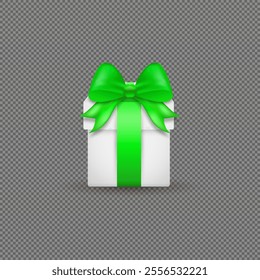 Realistic icon vector illustration. Vnit gift box chain with green silky Bosch ribbon. Present box isolated on png background.