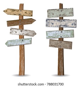 Realistic icon of a wooden arrow signpost and signboards on the post covered with old paint isolated on a white background 