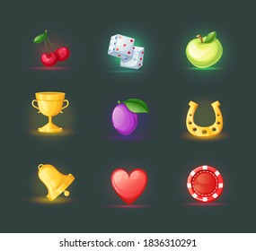 Realistic icons for casino slot machine. Game interface for gambling games lotteries casino machines. Bonus logos for gambling cartoon vector illustration