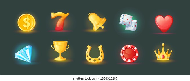 Realistic icons for casino slot machine. Game interface for gambling games casino machines. Icons gold coins, cup, luck horseshoe, heart, crown, diamonds, game cube. Bonus logos for gambling vector