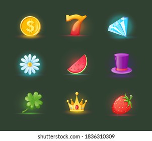 Realistic icons for casino slot machine. Game interface for gambling games lotteries casino machines. Bonus logos for gambling cartoon vector illustration