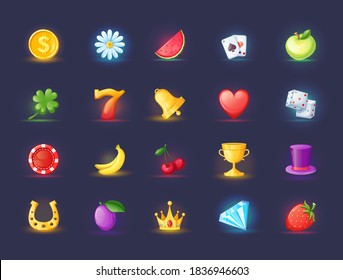 Realistic icons for casino slot machine. Game interface for gambling games lotteries casino machines. Bonus logos for gambling cartoon vector illustration