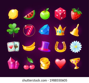 Realistic icons for casino slot machine. Game interface for gambling games lotteries casino machines. Bonus logos for gambling cartoon vector illustration