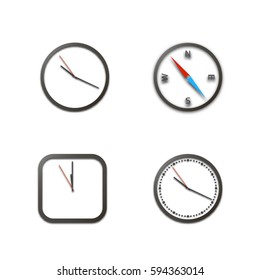 Realistic icons clock and compass isolated on white background, vector illustration.