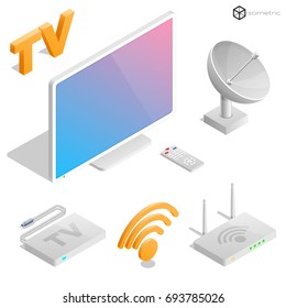 Realistic icons in isometric television, set of isometric icons in TV, modem, remote, antenna