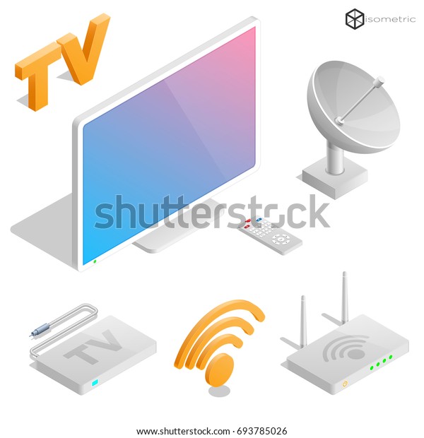 Realistic icons in isometric television,\
set of isometric icons in TV, modem, remote,\
antenna