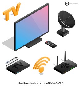 Realistic icons in the isometric TV, antenna, console, modem