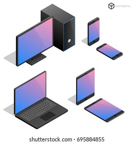 Ícones realistas na visão isométrica de um computador, telefone, tablet