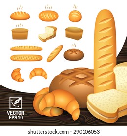 Realistic icons set bakery products from different angles (bread, sliced bread, a loaf, a bagel, croissant)