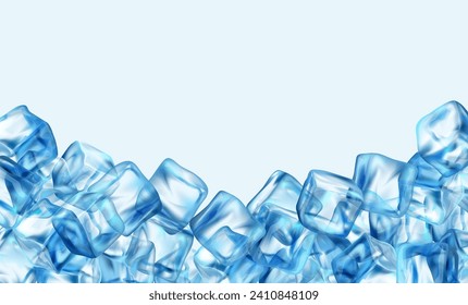 Realistic icy square blocks stacked, pile of frozen water pieces. Vector background with copy space, banner with crystal clear transparent icicles. Frame for advertising or commercials ad