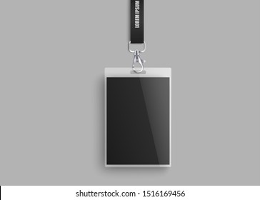 Realistic ID lanyard mockup with blank plastic identity card for photo identification. Event access or corporate pass design, name tag hanging on a black rope, vector illustration