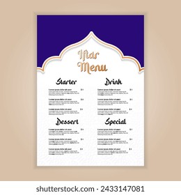 realistic iftar menu template, ramadhan holiday. vector illsutration