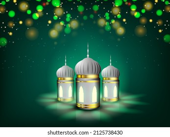 Lanternes Arabes Illuminées Réalistes Sur Fond Vert Flou, Effet Clair Pour Le Concept Du Festival Islamique.
