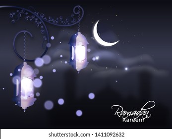 Realistic illuminated lantern on gray background for Ramadan kareem Festival celebration poster or banner design