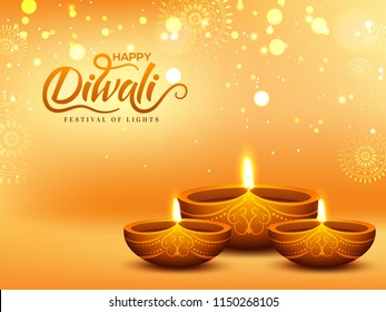 Realistic, Illuminated Oil Lamps (Diya) shiny ornamental background with blur lighting effect for Diwali festival celebration concept.