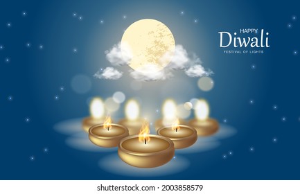 Realistic illuminated oil lamps on blurred bokeh background for Diwali festival. Festival of Lights 2021, Flying Lanterns and Fireworks. Realistic vector