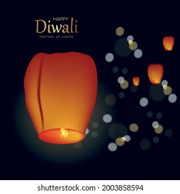 Realistic illuminated oil lamps on blurred bokeh background for Diwali festival. Festival of Lights 2021, Flying Lanterns and Fireworks. Realistic vector