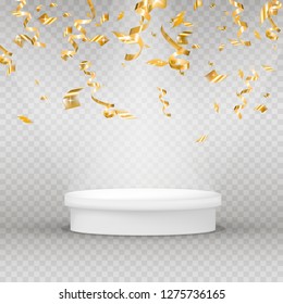 Realistic illuminated platform with gold serpentine, confetti and shine. Round pedestal for display. Winner podium. Vector