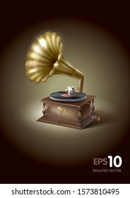Realistic illusrtation of the vintage antique gramophone. Stylish, elegant and superb gramophone with wood lacquered cabinet, glance gold metallic horn and black vinyl disc. Editable EPS vector