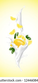 Realistic illustration 3d vector fruit and milk flow. Slices falling into the yogurt. Milk splash with lemon. Template for advertising, promotion, packaging, label.