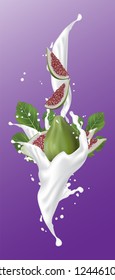 Realistic illustration 3d vector fruit and milk flow. Slices falling into the yogurt. Milk splash with figs. Template for advertising, promotion, packaging, label.