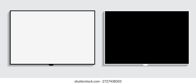 Ilustração realista de um LCD 4K ou OLED tela plana TV, plasma, branco branco branco branco branco e preto de montagem monitor. Um monitor amplo de tela plana pendurado em uma parede.