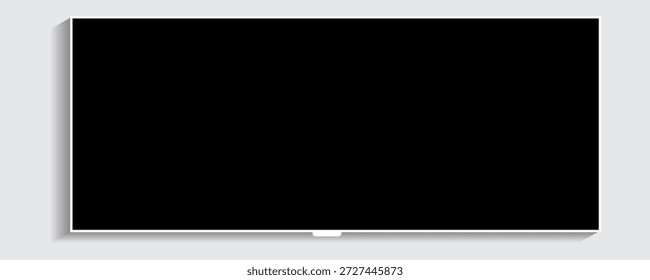 Ilustração realista de um LCD 4K ou OLED tela plana TV, plasma, em branco preto monitor mockup. Um monitor amplo de tela plana pendurado em uma parede.