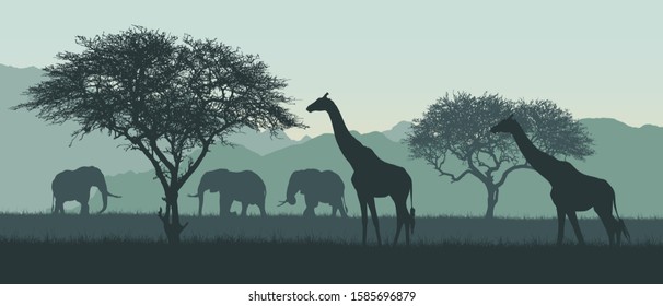 Realistic illustration of African landscape and safari. Elephant with giraffe on savanna among trees on clear summer day under green sky - vector