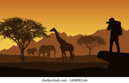 Ilustración realista del safari africano con paisaje montañoso, árboles y elefantes y jirafa. Turista con mochila toma fotografías de animales. Bajo el cielo naranja con el sol naciente - vector