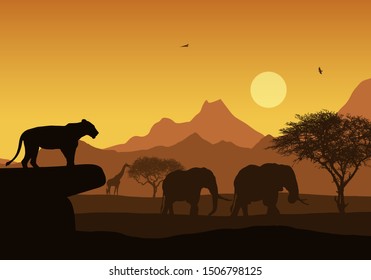 Realistic illustration of African safari with mountain landscape and trees, lion and elephant. Giraffe and flying bird. Under the orange sky with rising sun - vector