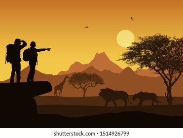 Realistic illustration of african safari with mountain landscape and trees, lion and giraffe and flying bird. Two hikers with backpacks, man and woman under orange sky with rising sun - vector